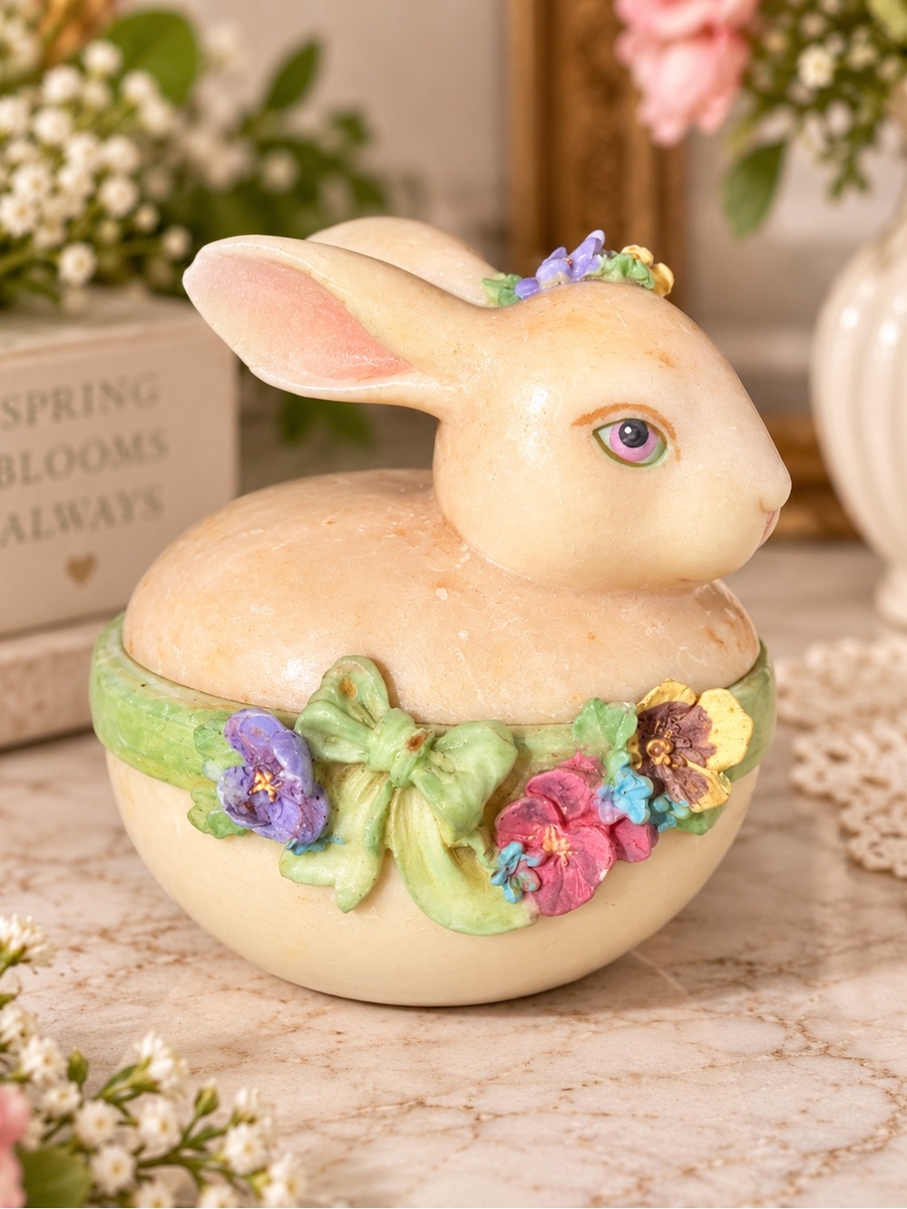 Bunny Bunny on a Nest Trinket Box 3.5” Resin Floral Keepsake Easter Spring Decor